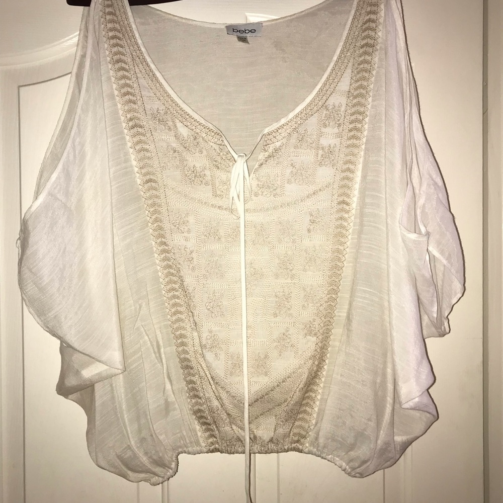 Bebe White and Tan Embroidered Boho Blouse